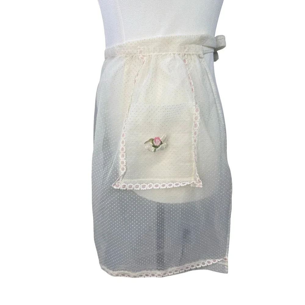 VTG Sheer White Swiss Dot Half Apron Pink Floral Rosette Lace Trim Pockets